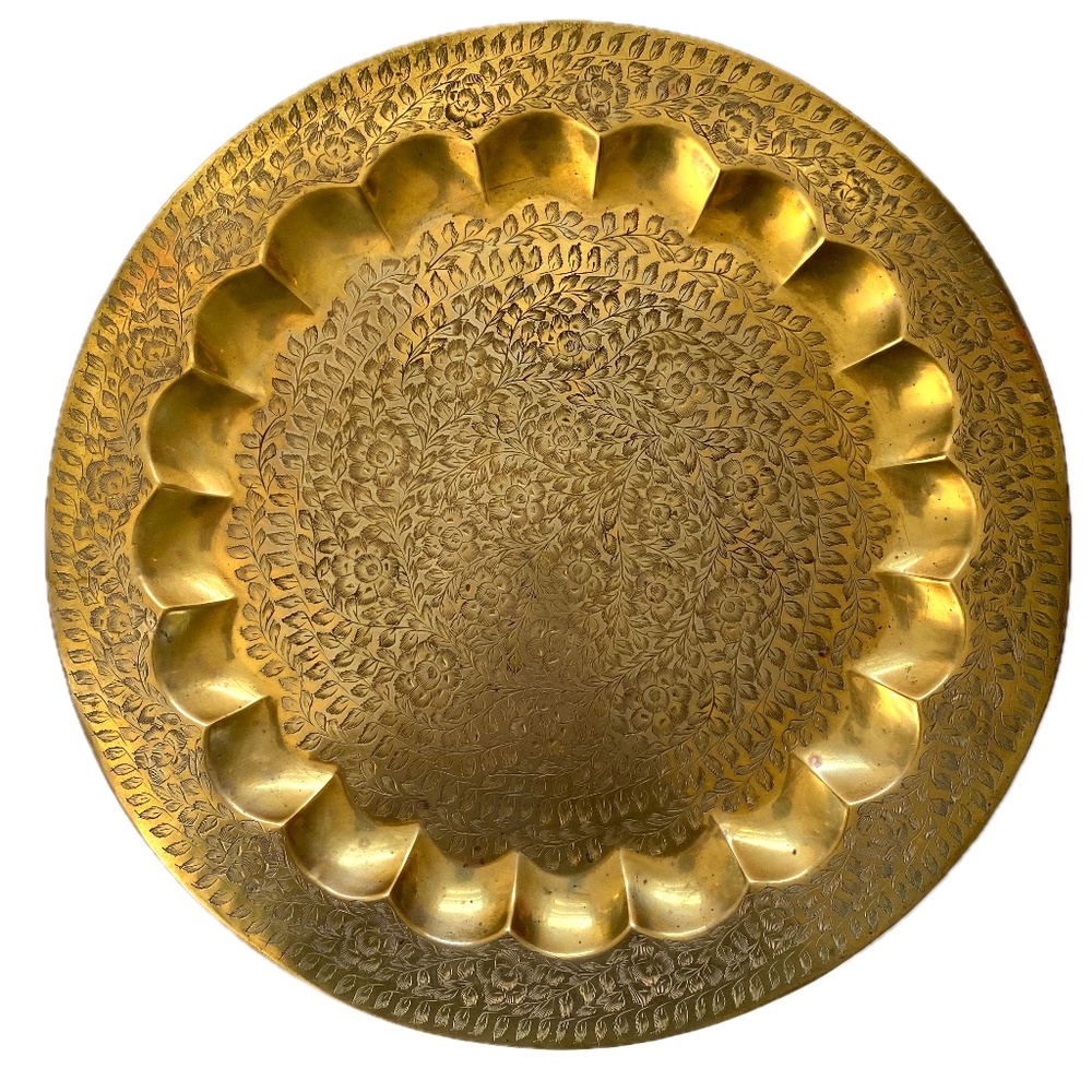 Vintage Brass India Tray Etched Plate 70s